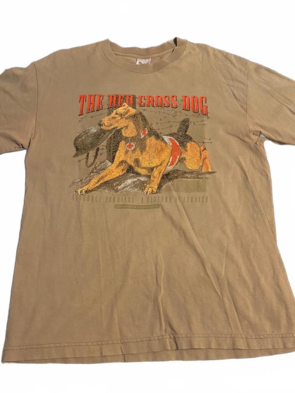 Vintage Large Murina Red Cross Dog Airedale Terrier Graphic T-Shirt Brown